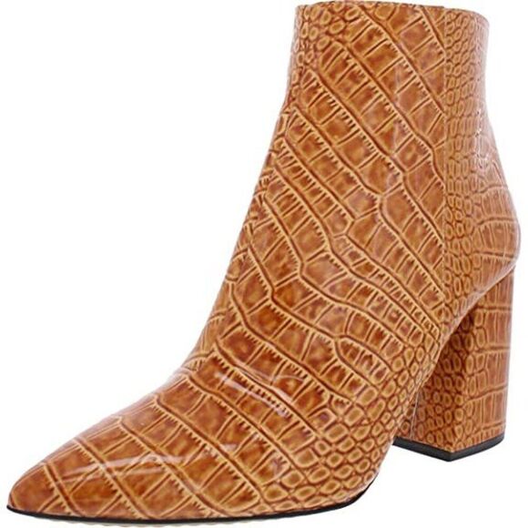 Vince Camuto Benedie Flex Camel Croco Patent Pointed Toe Leather Ankle Booties